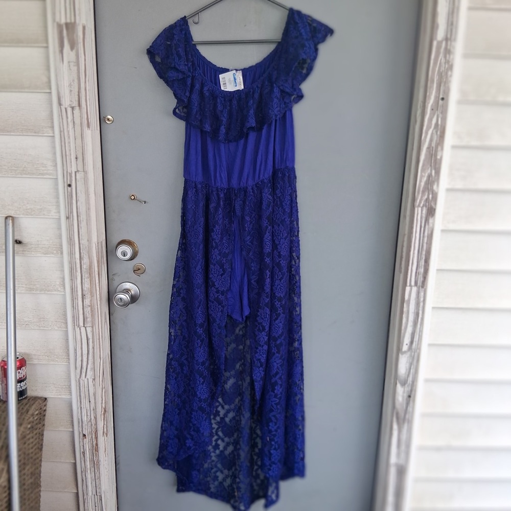 Emerald Cobalt Royal Blue Lace Romper Maxi Dress Off Shoulder Ruffle Medium NEW